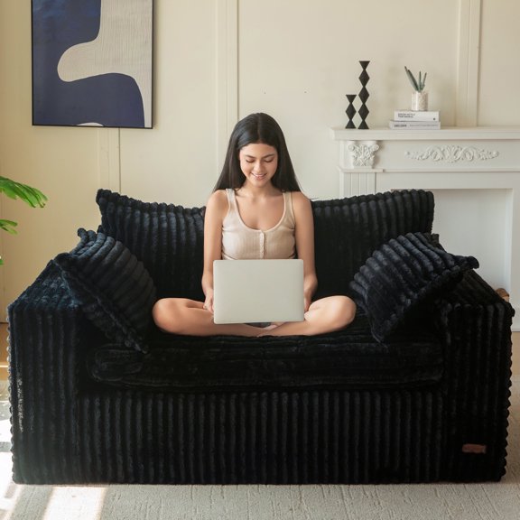 BYBYME Boneless Couch Sofa,Thick Corduroy Loveseat Bean Bag Chair Upholstered 2 Steater Sofa Couch with Deep Seating,Sofa in a Box or Bedroom Office Apartment,No Assembly,Black