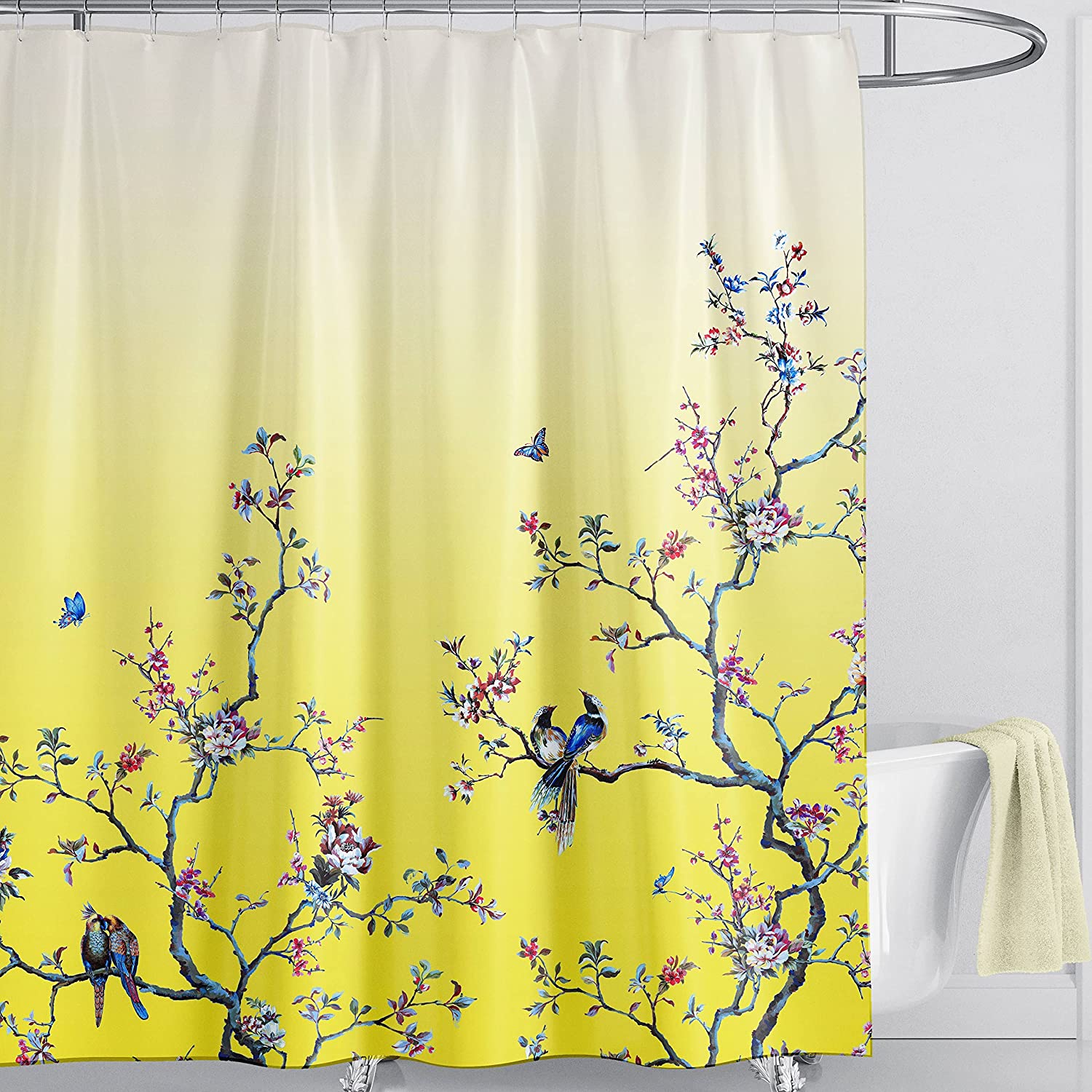 Ombre Yellow Floral Shower Curtain Birds 72x72 inches with 12 Hooks