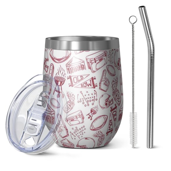 12oz Stemless Wine Tumblers Red Football Event Elements Pattern Vacuum Insulated Stainless Steel Travel Tumbler Cups Mug with Lid and Straw for Champaign,Cocktail,Beer with Cleaning Brush