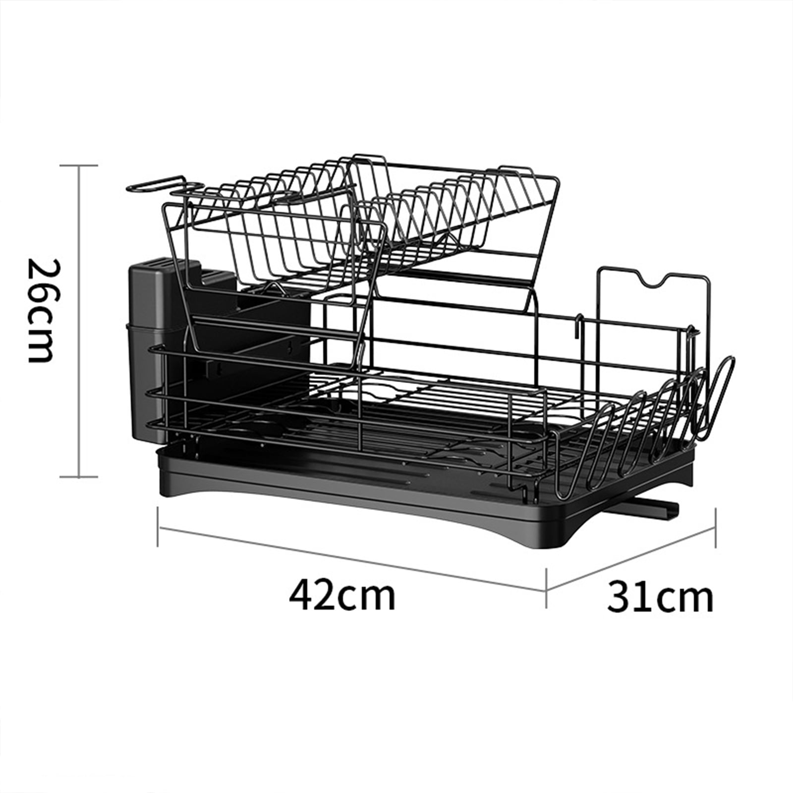 Luckytree 2-Tier Dish Drying Rack, Space-Saving Dish Drainer for Dishes, Knives, Cups, Cutting Boards, 12.2"W x 16.54"L, Black