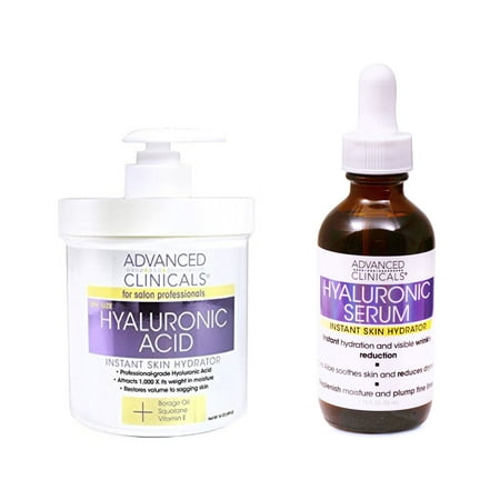 Advanced Clinicals Hyaluronic Acid Cream and Hyaluronic Acid Serum skin care set! Instant hydration for your face and body. Targets wrinkles and fine lines. Spa size 16oz cream and large 1.75oz (Best Spa Skin Care Line)