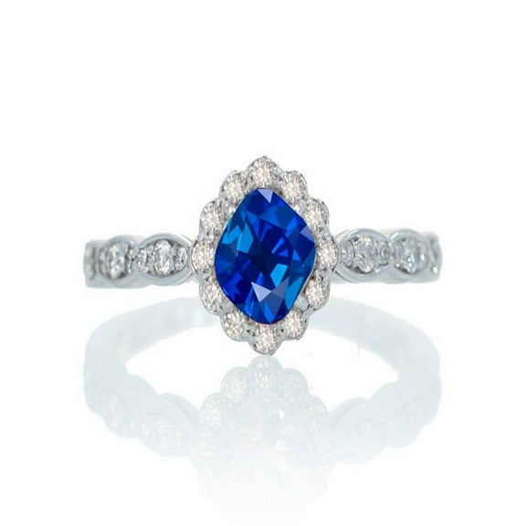 1.25 Carat Cushion Cut Classic Flower Design Antique Sapphire and Diamond Engagement Ring on 10k White Gold