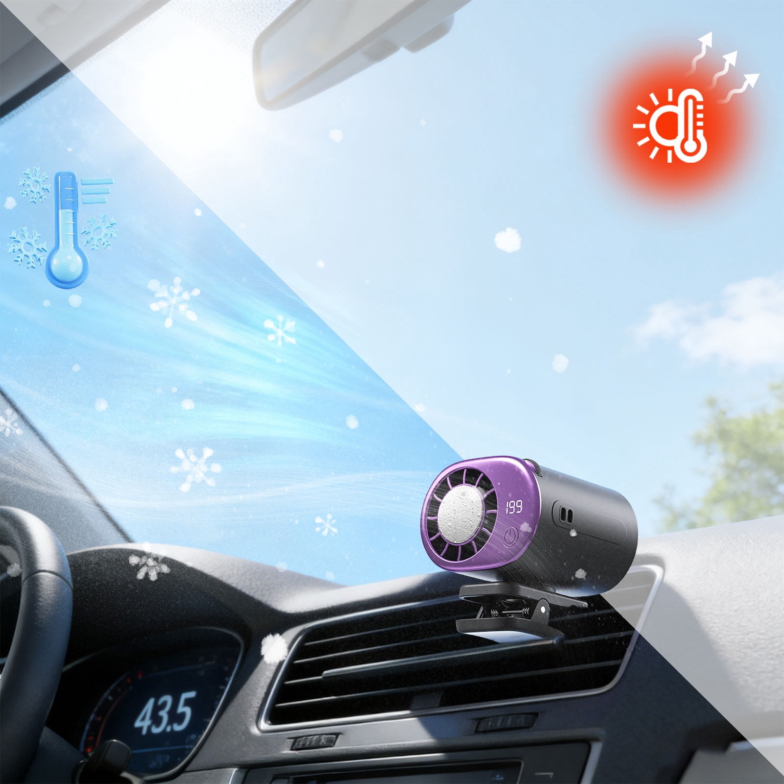 2026 Car Clip On Air Conditioner Fan LED Display 360 Rotation 199 Speeds Adjustable USB Rechargeable