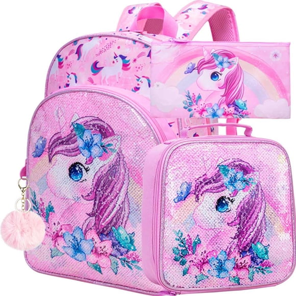 Set de mochila KLFVB Unicorn para niñas con 16 lentejuelas y lonchera