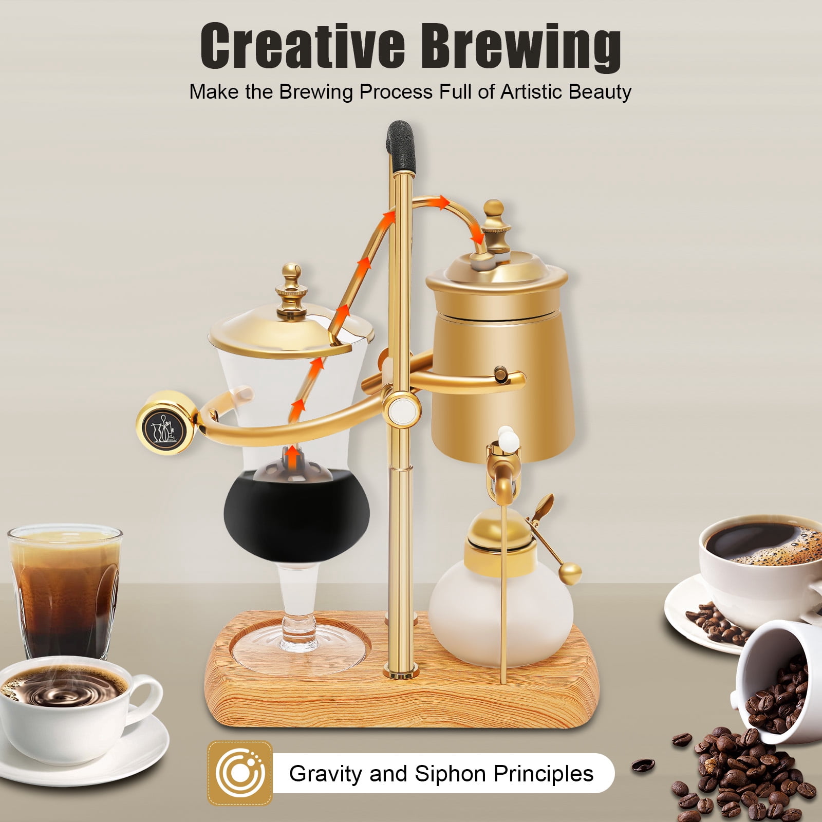 ChicHomey Golden Siphon Coffee Maker, Retro Balance Siphon Coffee Maker,Gravity Brewing,Free-Standing Mount Type,For kitchens, coffee shops