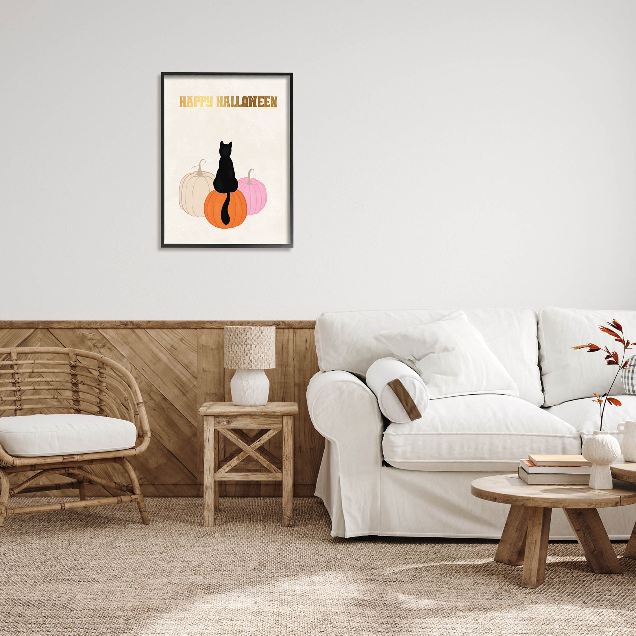 Happy Halloween Black Cat Pumpkins Holiday Graphic Art Black Framed Art Print Wall Art