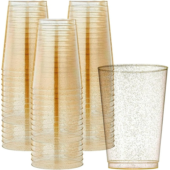 missunny-100 Pack Gold Plastic Cups,12oz Gold Glitte Cups Plastic,Clear Party Cup Tumblers,Heavy Duty Disposable Cup for Wedding and Parties