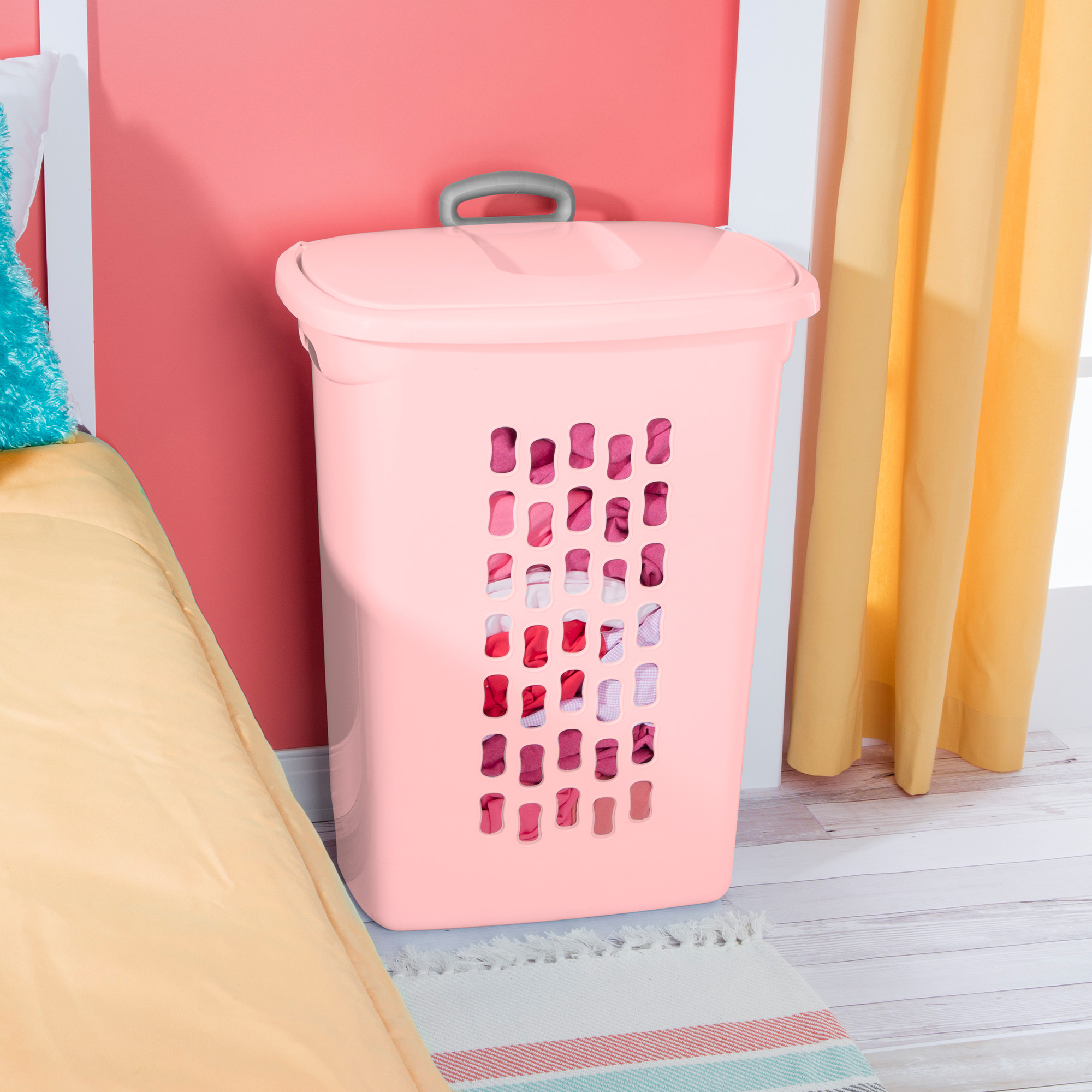 Sterilite Ultra Wheeled Hamper, Laundry Basket with Lid and Handle, Pink Frost, 3 Pack