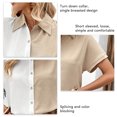 thumbnail image 4 of Mujeres color bloqueo de manga corta camisa abajo collar suelta mujer solo breasted color bloque blusa albaricoque L, 4 of 5