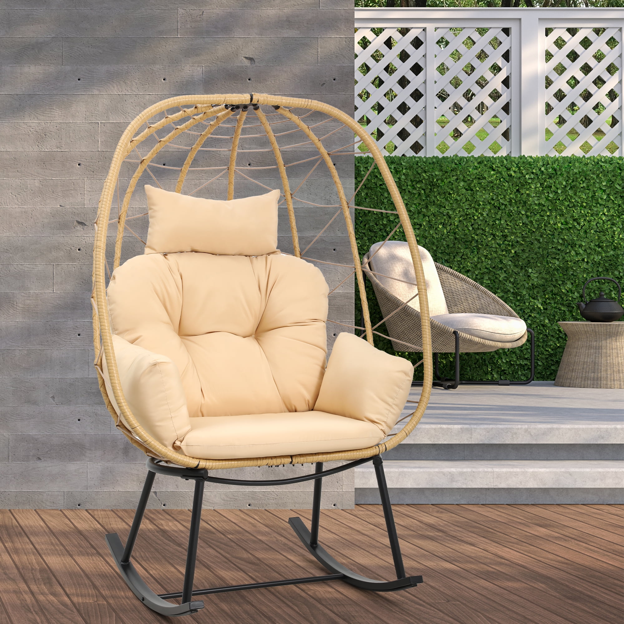 Uforic Beige Outdoor Wicker Rocking Egg Chair, Cushioned Relaxation Chair for Indoor & Outdoor Spaces, 330lb Weight Capacity, Anti-Slip Design, All-Weather Durability