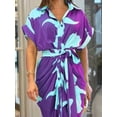 thumbnail image 3 of Women Button Down Ruched Shirt Dress Short Sleeve Lapel V Neck Elegant Party Maxi Floral Dress with Belt Purple XL, 3 of 4
