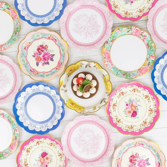 Efavormart 24 Pack Vintage Mixed Floral Paper Dinner Plates With Scalloped Edge, Round Disposable Party Plates 9"