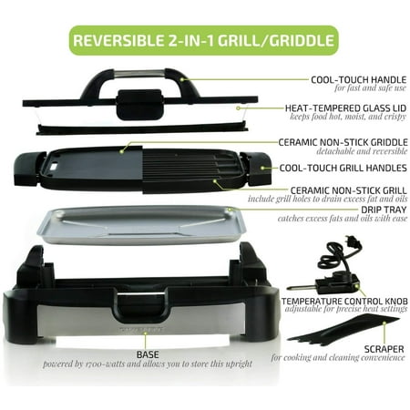 - Ovente Reversible Electric Grill and Griddle with Heat Tempered Glass Lid, Indoor and Outdoor Grilling, 1700 Watts, Black (GR2001B)