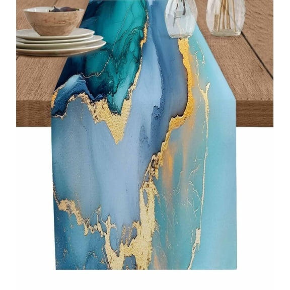 ERUNPONLY Turquoise Gold Table Runner - 36 Inch Long Modern Teal Blue Marble Textured Cotton and Linen Blended Dress Scarves Farmhouse Table Runner for Kitchen Dining, Coffee Table, 13"x36"