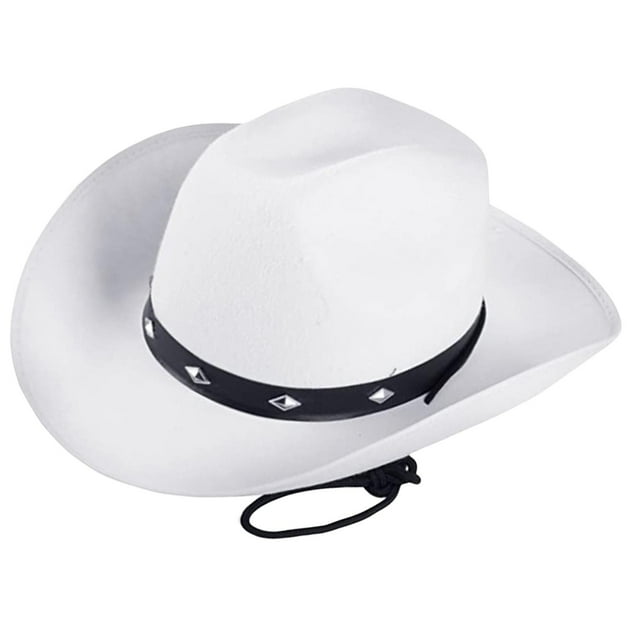 Sombrero vaquero de fieltro estilo western, gorra vaquera jazz con cordón para el viento, sombrero unisex para adultos Blanco