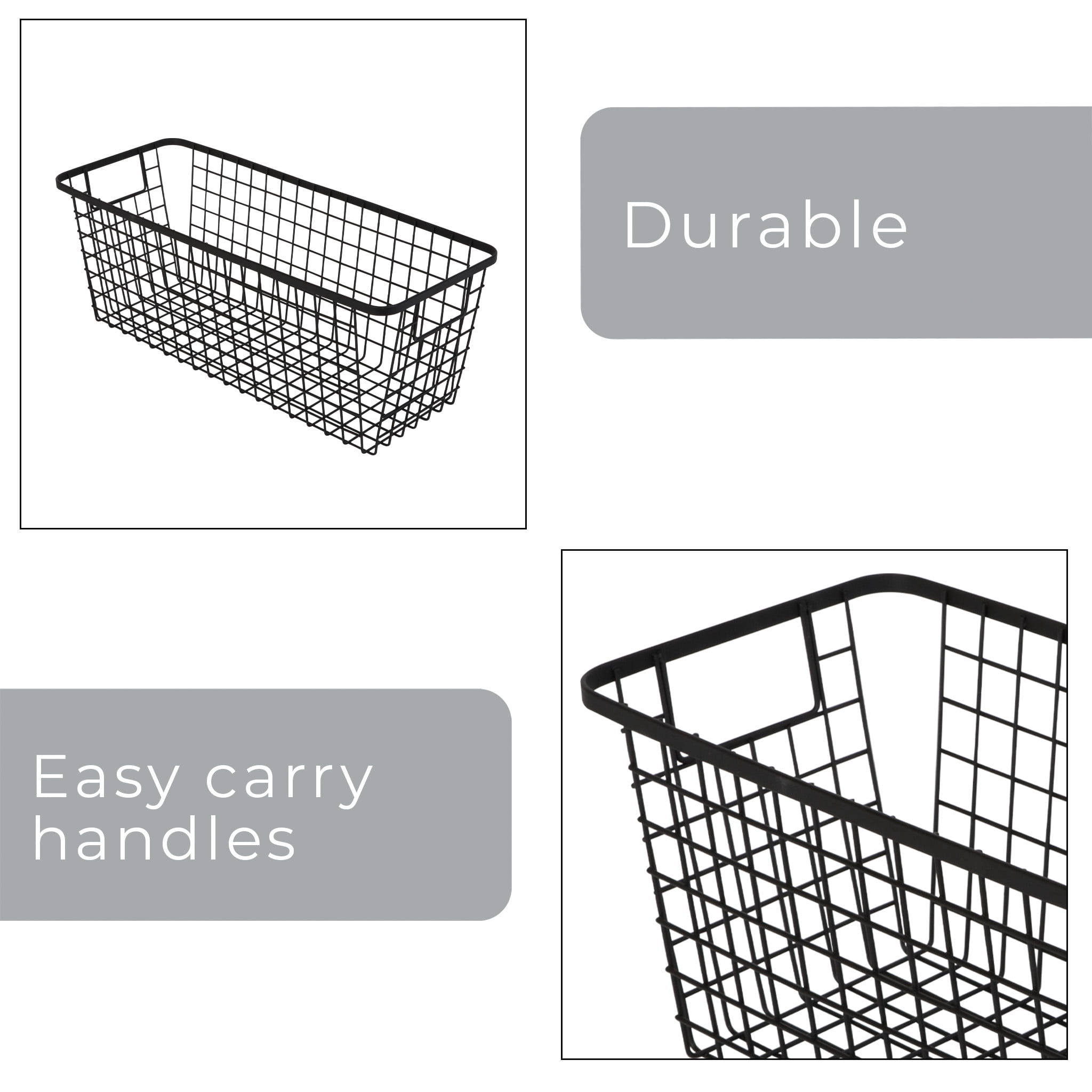 Smart Design Nestable Basket Organizer with Handles - 6 x 16 x 6 inches - Black - Set of 4