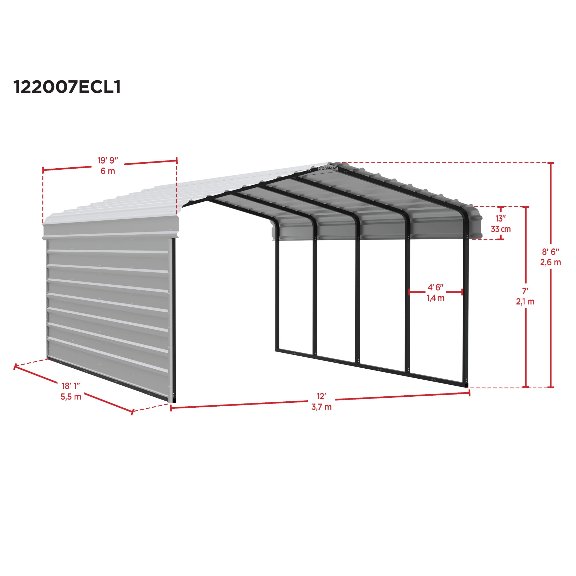 Arrow 12 x 20 x 7 ft Charcoal Carport With 1 Side Wall Kit