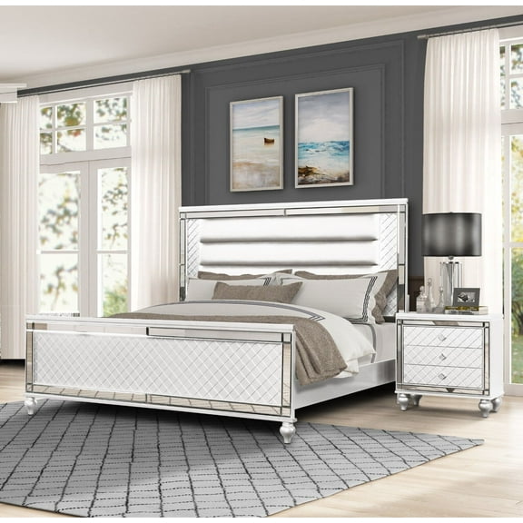 Beautiful 3pc Modern Queen Size LED HB Bed 2x Nightstand Set Polished White Finish Furniture