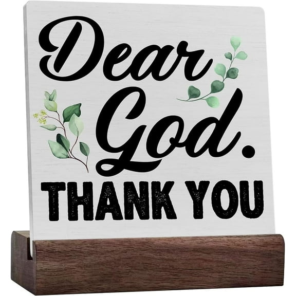 Rustic Christian Ceramic Table Sign Religious Desk Decor, Dear God Thank You Wood Sign Home Office Tabletop Shelf Desk Decoration