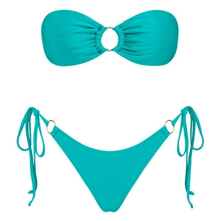 JIANJIA Womens Swimsuits Solid Color Strapless Brassiere With Thongs Lace Up Sexy Fashion Split Swimsuit Two Piece Bikinis Swimwears Beachwear  Blue L