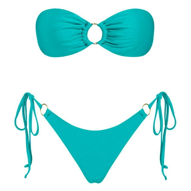 Women Swimsuits Solid Color Strapless Backless Gathering Separate Bikini Sky Blue Women Bathing Suits S