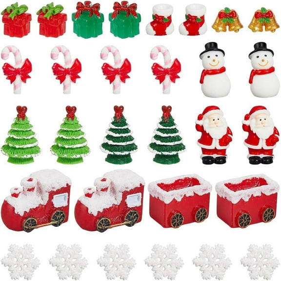 48Pcs Miniature Snowman Mini Santa Claus Figurines Christmas Miniatures Xmas Tree Socks Snowflake Snowman Small Figures Mini Resin Landscape for DIY Home Office Desk Party Favors Decorations