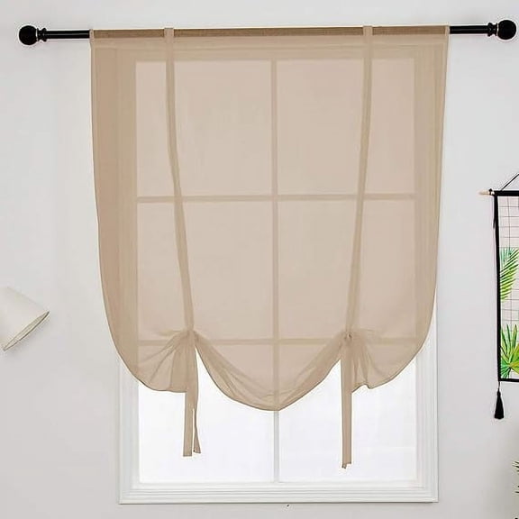 Solid Color Sheer Voile Window Curtain Light Filtering Tie Up Shade Adjustable Balloon Drape 46 x 63 Inch Khaki 1 Panel-
