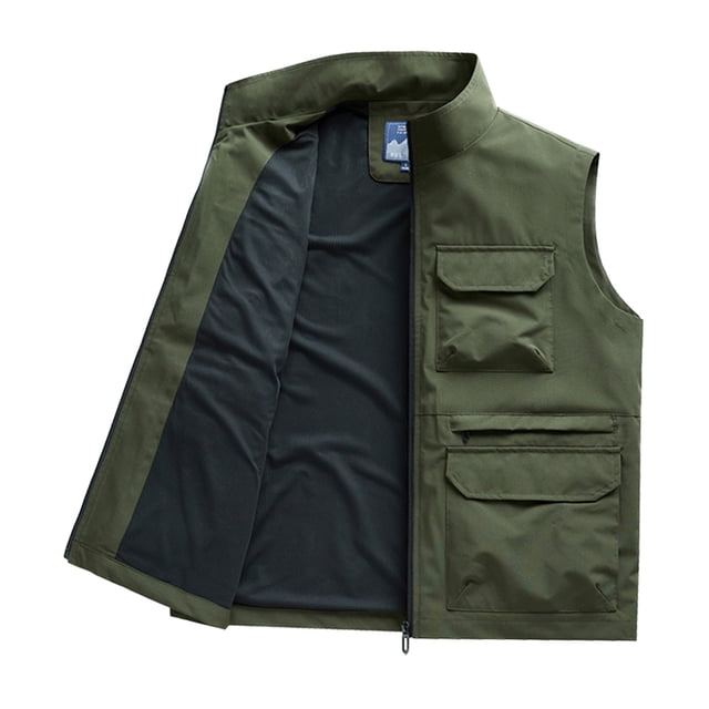 Leodye Men's Solid Color Stand Up Collar Workwear Vest Multi Pocket Outdoor Photography Vest Jacket Army Green M(M)