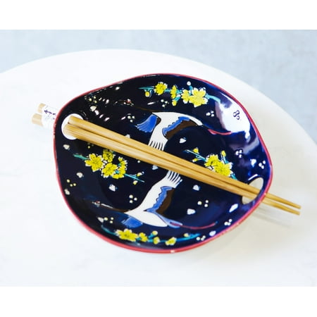 

White Crane In Blue Sky Small Appetizer Coupe Plate Flat Bowl W/ Chopsticks Set