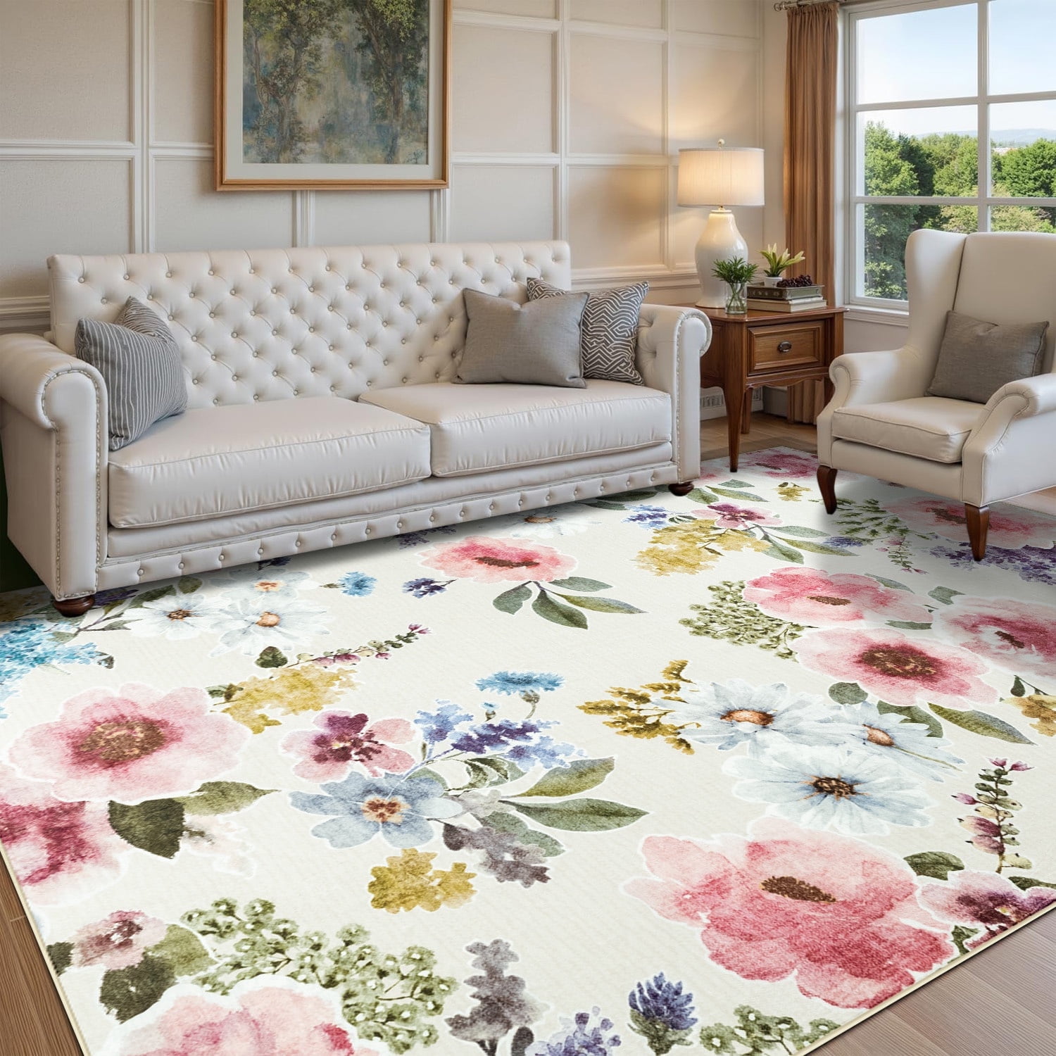 Wondo 6x9 Washable Floral Rug, Bright Floral Pattern Bohemian Rug for Bedroom, Low Pile Non-Slip Decorative Rug for Living Room, Kids Room, Office, Dining Room, Beige