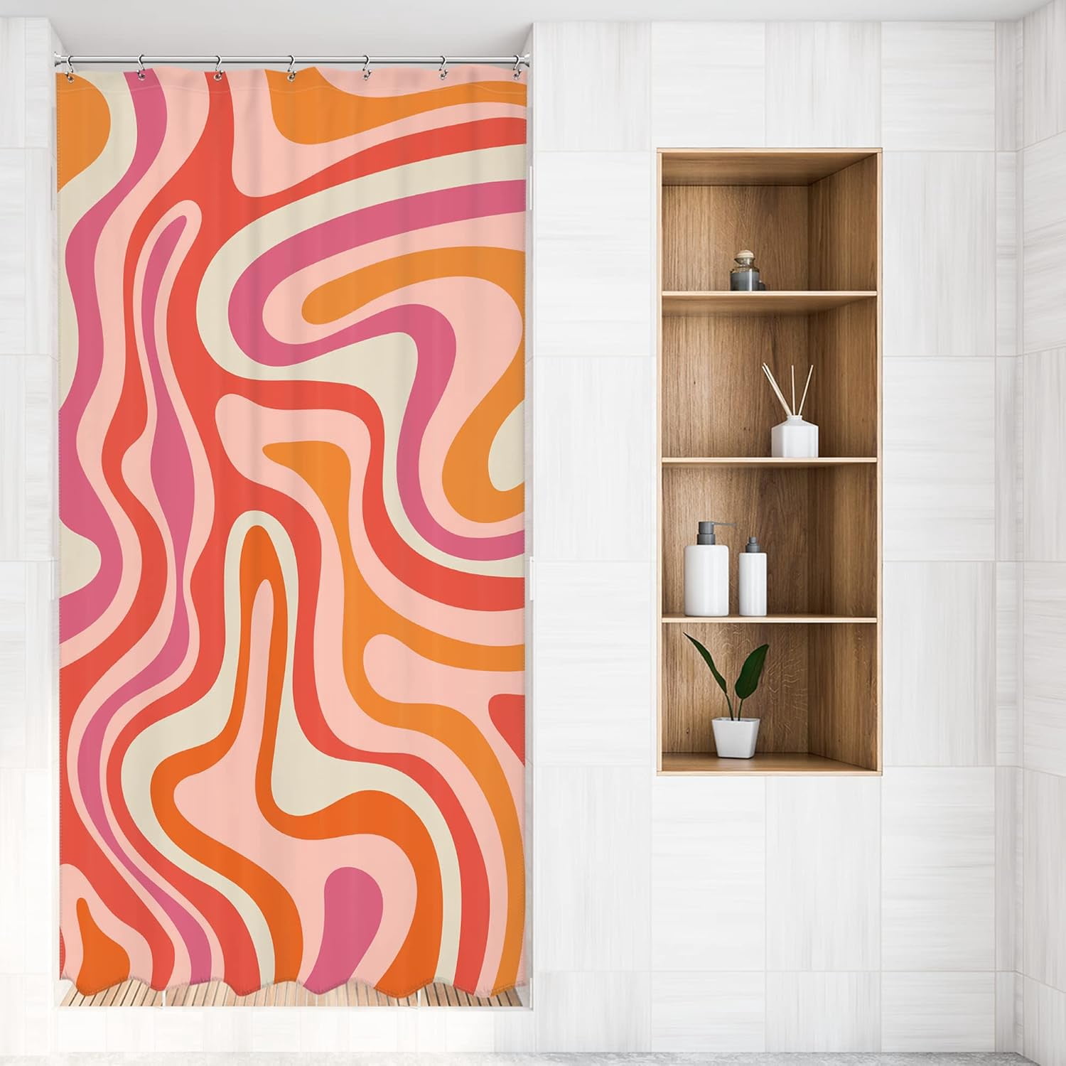 Small Stall Modern Abstract Shower Curtain 36Wx72H Inches Pink Orange Groovy Aesthetic Cute 70s Retro Swirl Narrow Bathroom Curtain Fabric Waterproof Polyester Home Decor Set with Hooks