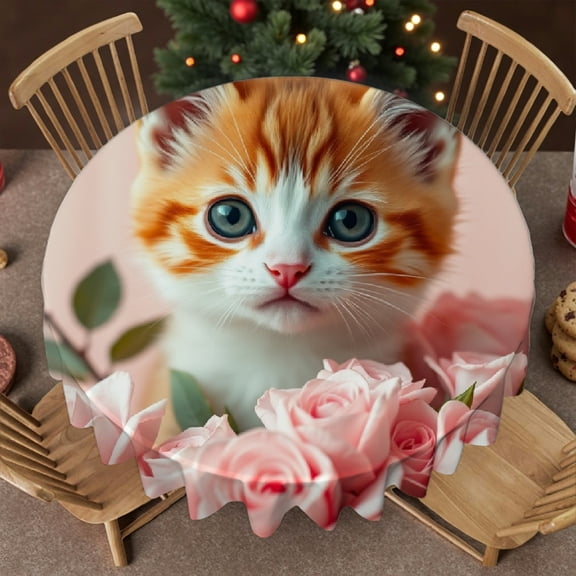 RKSupls Round Tablecloth - Cute Kitten Pink Rose Microfiber Table Cover - Soft, Stain Resistant & Washable Decor for Wedding, Party, Holiday, Home Dining, 60x60inch