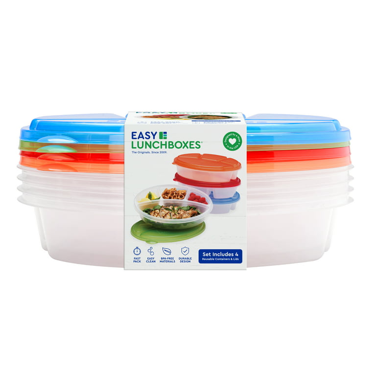 Easylunchboxes - Oval Lunch Boxes - Reusable 4-Compartment Food Containers for Work, Travel and Meal Prep, Set of 4, (Jewel Brights)