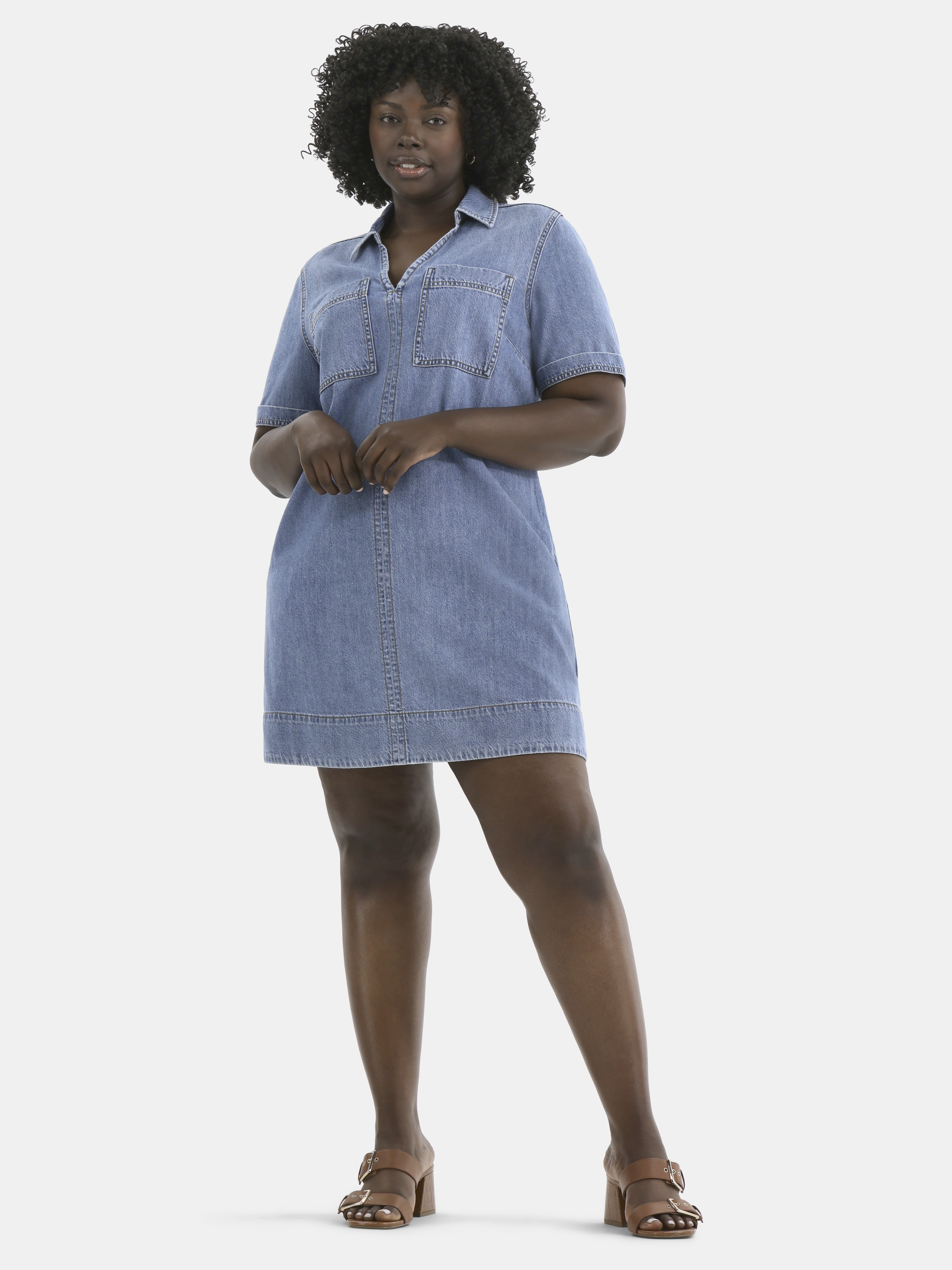 Terra & Sky Women's Plus Denim Mini Popover Shirt Dress, Sizes 0X-5X