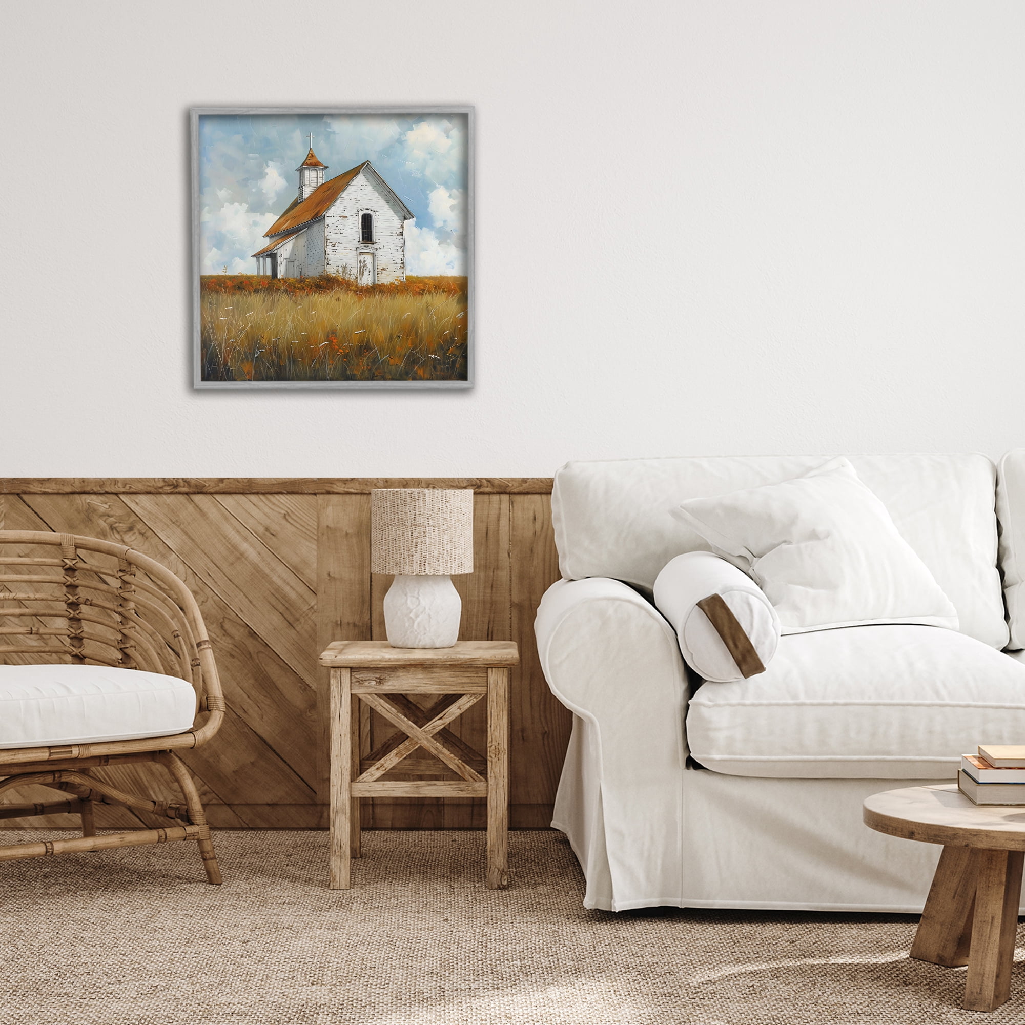Stupell Industries Rustic Church in Field Gray Framed Giclee Art, design by Creative Studio