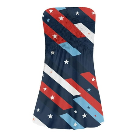 CHCNHAC Independence Day Summer Dresses for Women 2025 Patriotic Red White and Blue Graphic Dresses Trendy Flowy Swing Strapless Beach Dress Blue XL