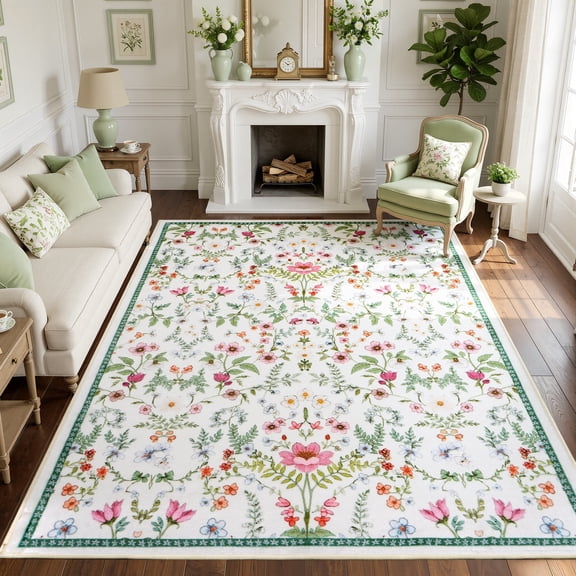 WANLISELL 8'x10' Area Rugs for Living Room, Indoor Green Floral Washable Rugs, Soft Boho Large Carpet for Bedroom, Farmhouse, Dining Room, Office