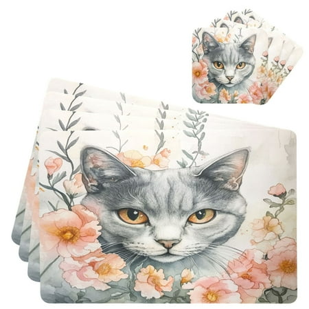 

Wobogo White Cat with Flower Placemats Coasters Set of 4 Heat-resistant Non-slip Easy to Clean Square Dinner Plate Mat