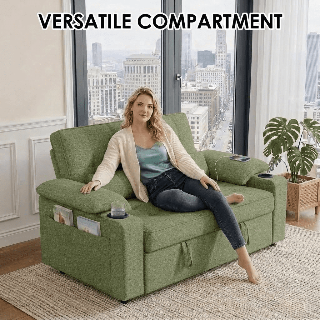 Howcool 58'' Convertible Sofa Bed with Pull-Out Bed, 3-in-1 Loveseat Sleeper Sofa, Adjustable Backrest, USB Port, Cup Holders and Side Pocket, Sofa Couch for Living Room,Green