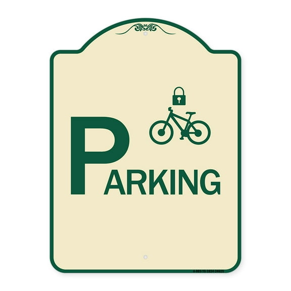 SignMission Designer Series Sign - Parking (With Cycle and Lock Symbol) | Tan & Green 18" x 24" Heavy-Gauge Aluminum Architectural Sign | Protect Your Business & Municipality | Made in