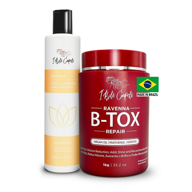 I Belli Capelli Ravenna Trousse de Traitement Capillaire - Masque Capillaire B-tox 1 Kg/35,02 oz + Shampooing Anti-Résidus 300 Ml/10,1 Fl. oz - Shampooing Réparateur et Clarifiant pour un Effet Plus Long