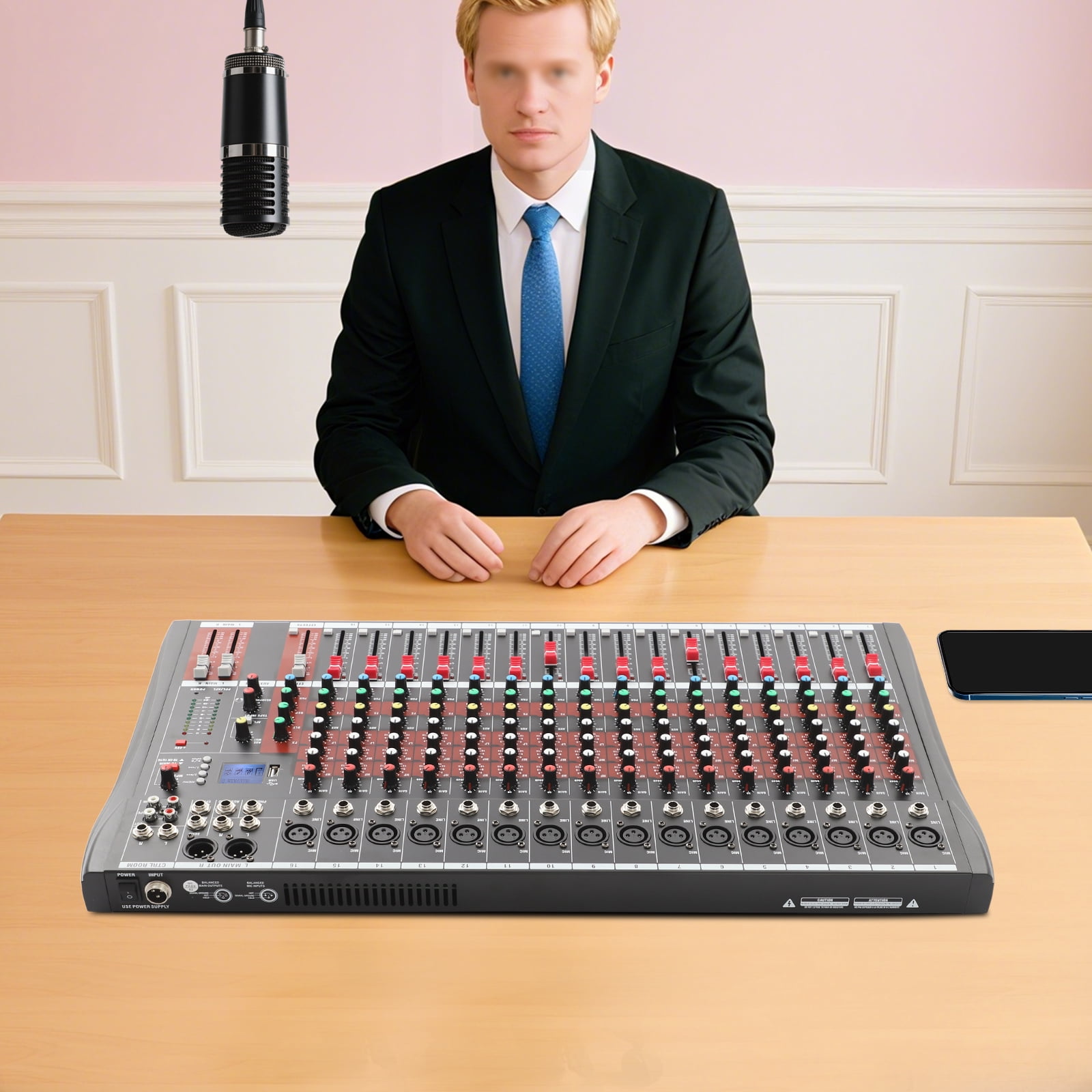 Multifunctional Audio Mixer, 16 Input Channels, Bluetooth & USB Connectivity, 3-Band EQ, for Live Sound & Recording