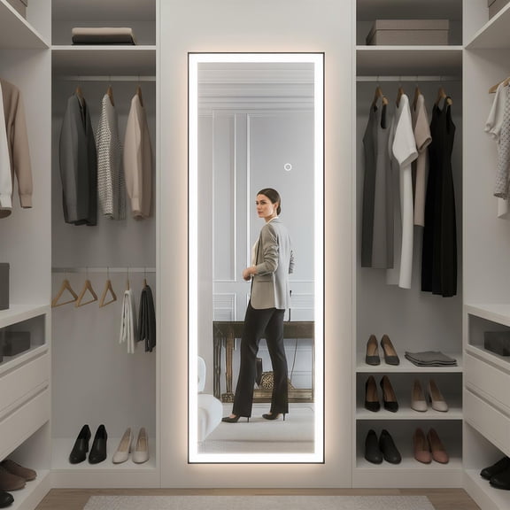 Demi Bonn 56x18 Inch Rectangle LED Full-Length Mirror, Black Frame Tempered Glass, Touch Control Brightness/Color Temp, Unbreakable Anti-Desilvering