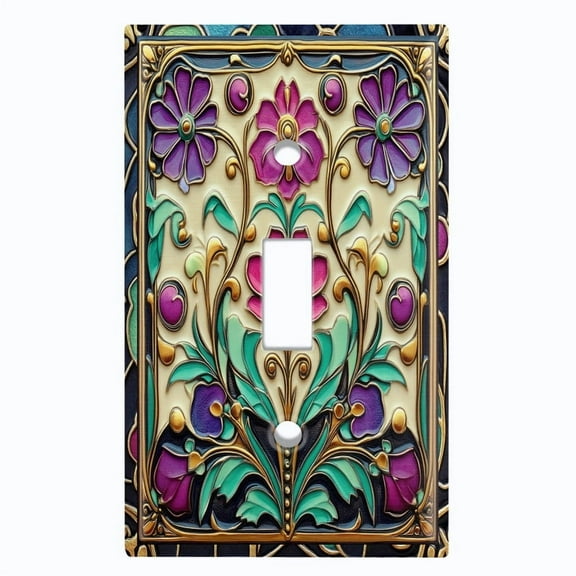 Metal Light Switch Wall Plate Outlet Cover (Printed Image of Stained Glass Rustic Flowers - Single Toggle)