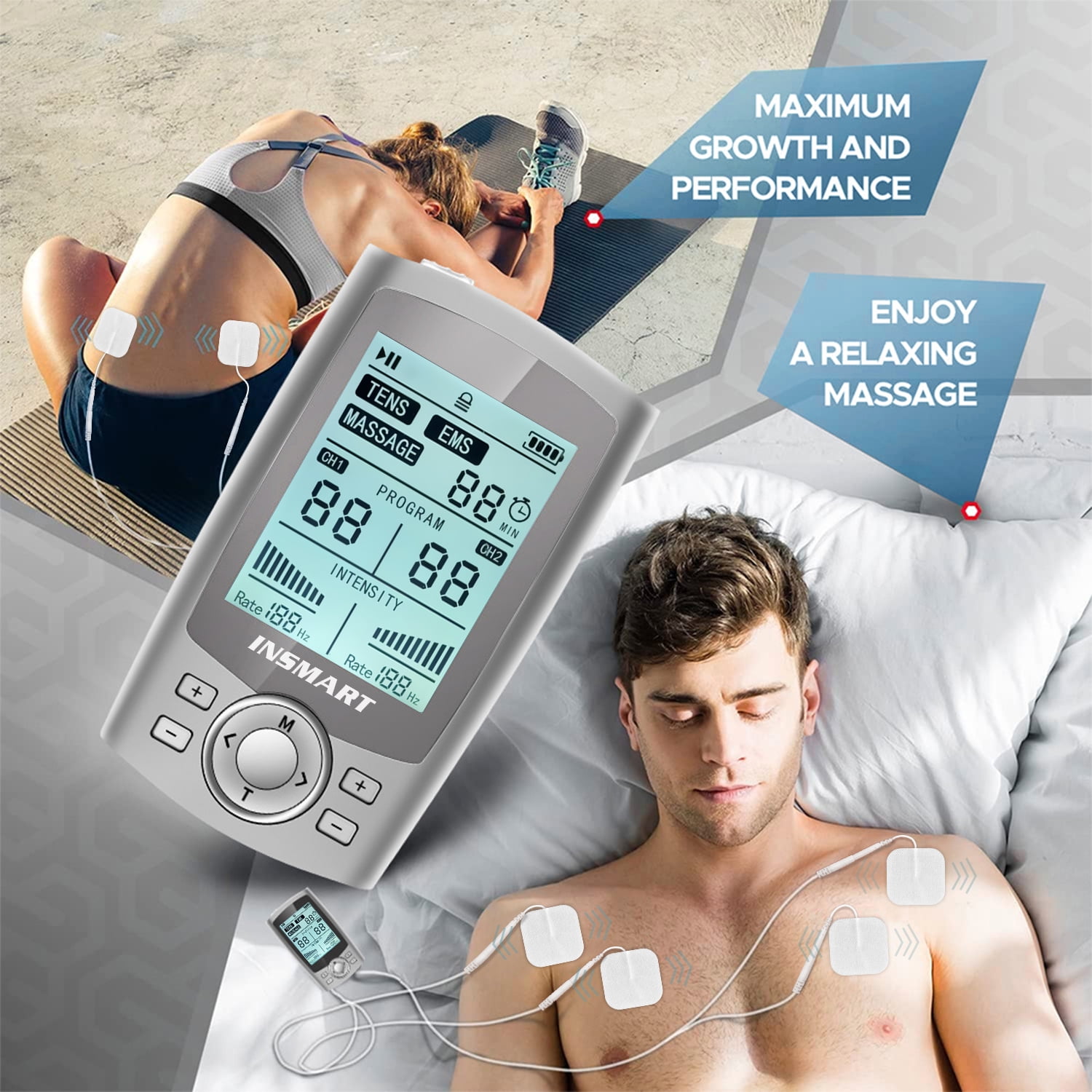 INSMART TENS Unit Rechargeable Muscle Stimulator EMS Dual Channel with 10 Reusable Electrode Pads 60 Modes for Back Neck Pain Muscle Therapy Pain Management Pulse Massager (Upgrade)
