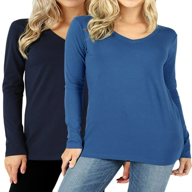 CHUANK Femmes et Grande Taille T-shirt de Base en Coton Coupe Décontractée Col en V Manches Longues Uni Actif Décontracté (S-3X)