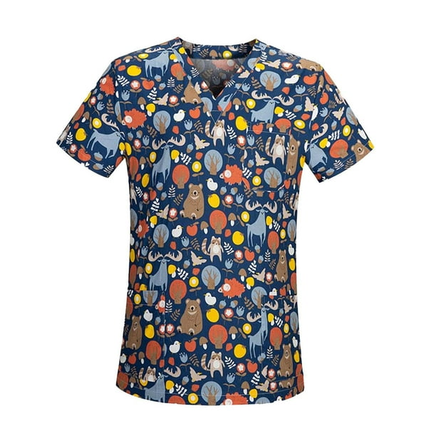 Tops de enfermería con estampado de enfermera para mujeres y hombres, para salón de belleza Azul oscuro L