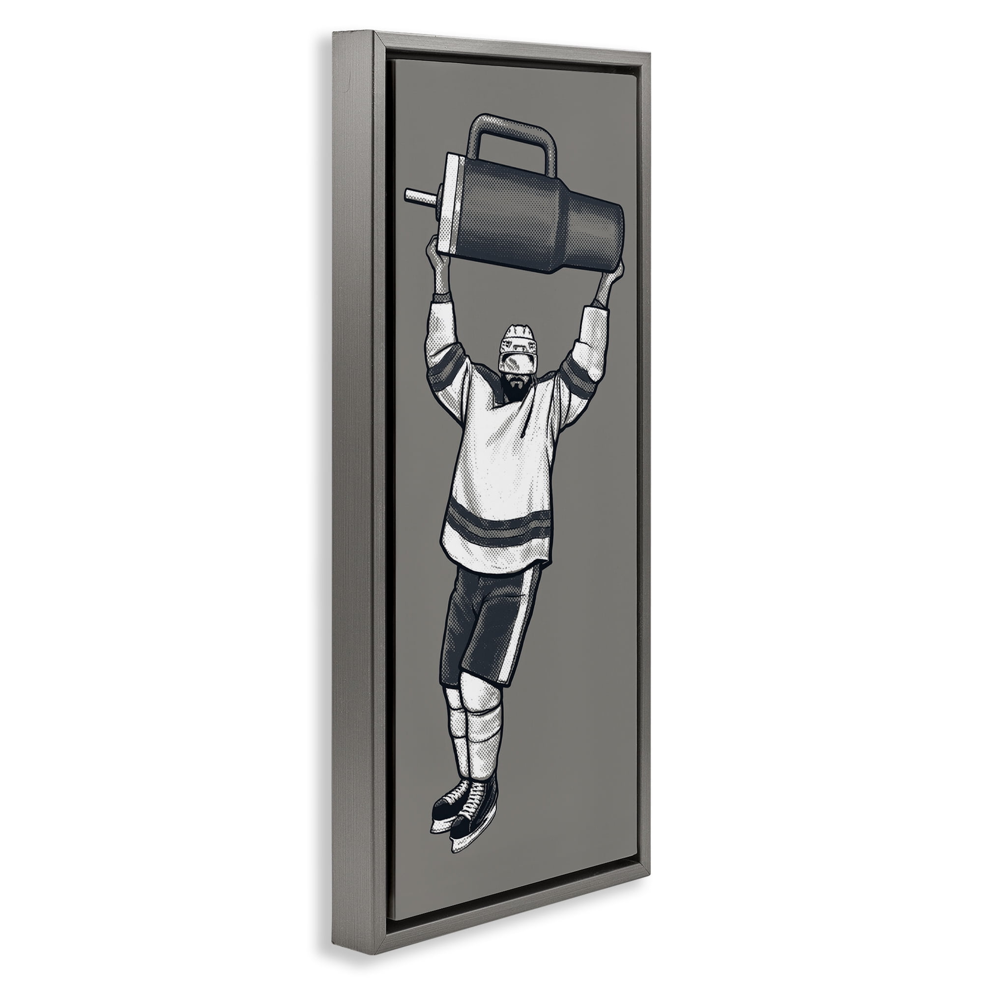 Stupell Industries Funny Hockey Trophy Pun Sports Painting Gray Floater Framed Canvas Art Print Wall Art, 11 x 25