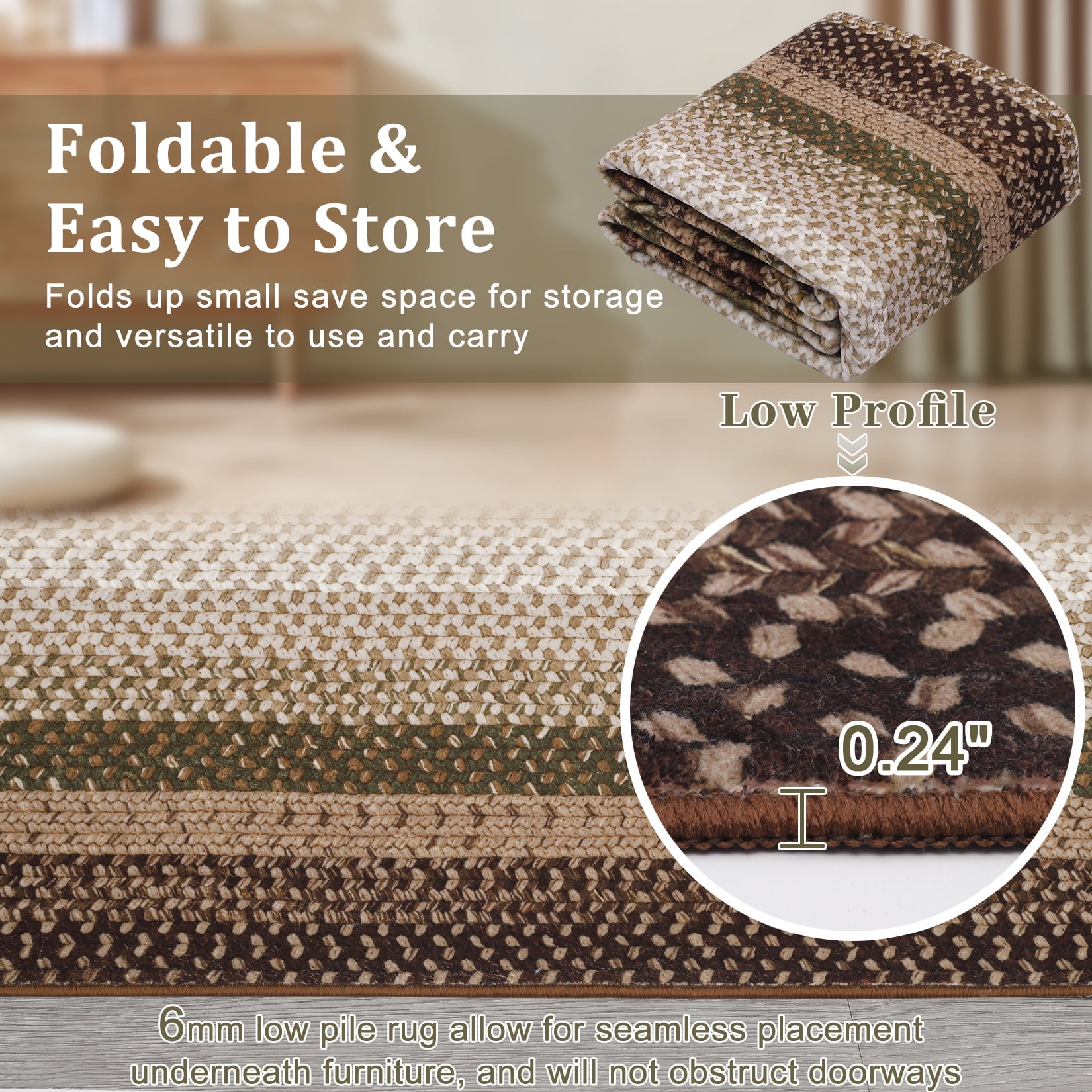 HOMERRY Area Rug 3' x 5' Rugs for Living Room Modern Washable Indoor Braided Print Border Carpet, Brown/Green