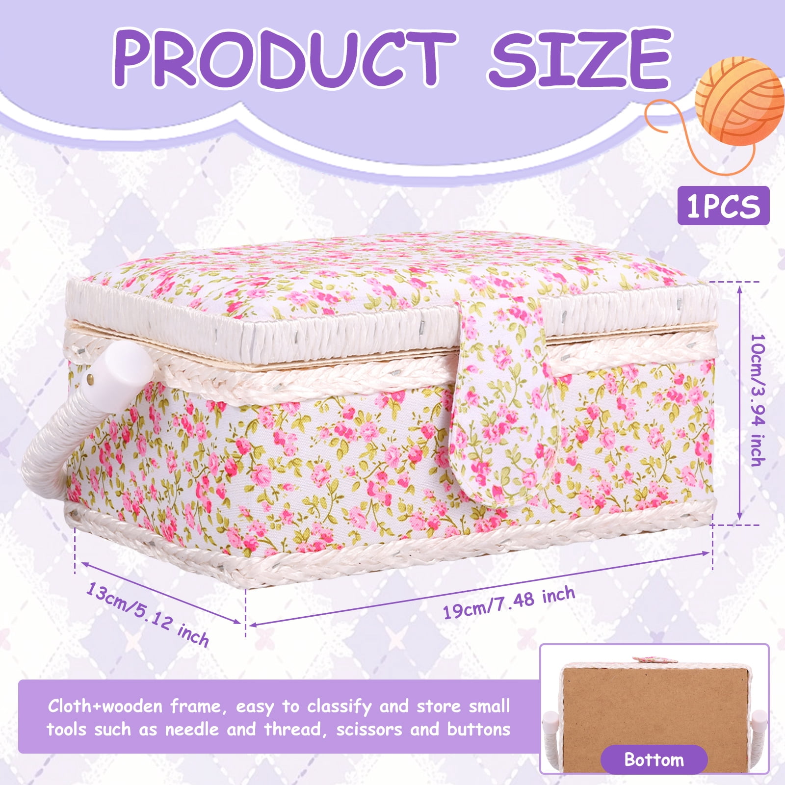 Atopoler Floral Sewing Basket,Vintage Wood Sewing Box with Tray and Handle for Traveling Beginner Professional,No Accessories,Pink Color
